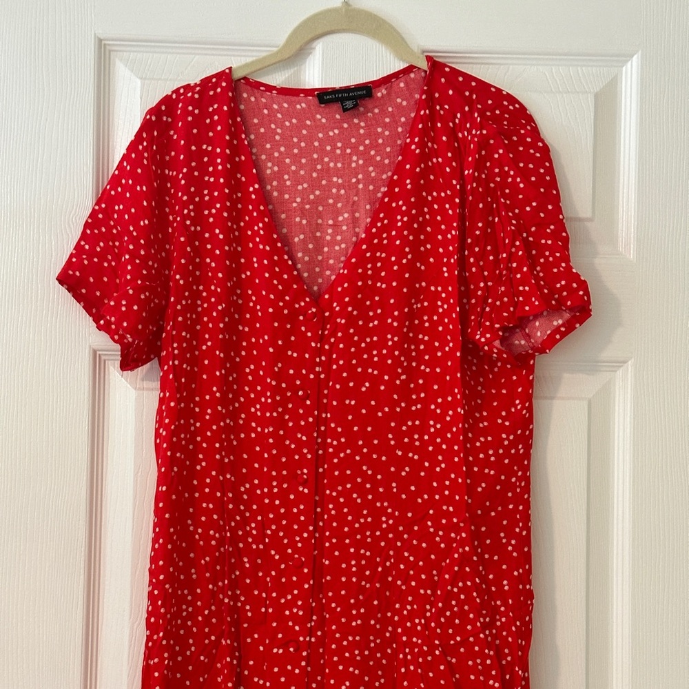 Saks Fifth Avenue - Red & White Scattered Polka Dot Midi Dress - Size 6 - Picture 6 of 7